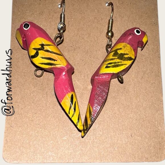Bohemian Style Hand-Painted Wooden Parrot Earrings – 2” Dangle - Picture 4 of 8